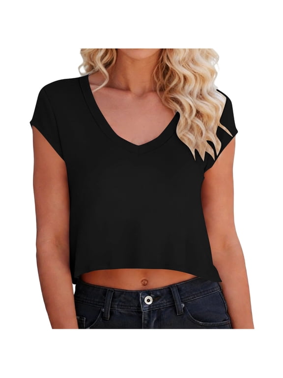 Women's Crop Tops Summer V Neck Basic Tees for Women Short Sleeve Casual Plain Loose T Shirts