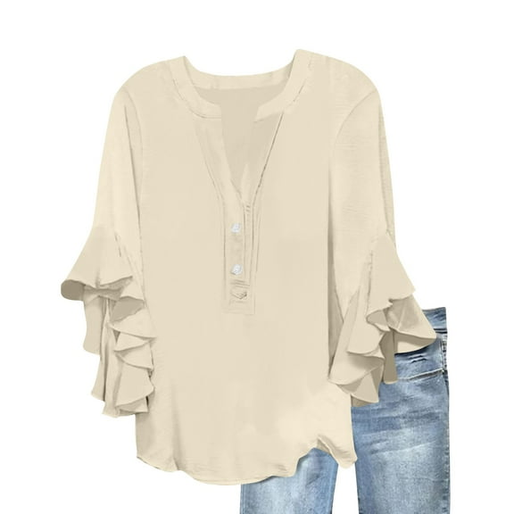 fatyb Women's Dressy Blouses Casual Ruffle 3/4 Sleeve Flowy T Shirts Button V Neck Loose Elegant Tops