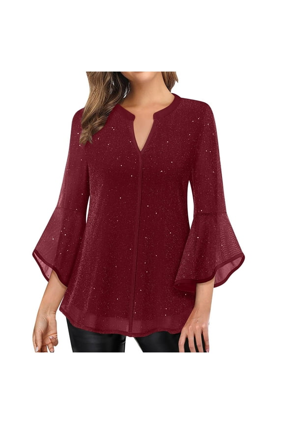 Women's Dressy Shirts Ruffle 3/4 Sleeve Mesh Tunic Tops Double Layers Elegant Loose Flowy Blouses