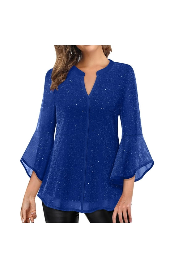 Women's Dressy Shirts Ruffle 3/4 Sleeve Mesh Tunic Tops Double Layers Elegant Loose Flowy Blouses