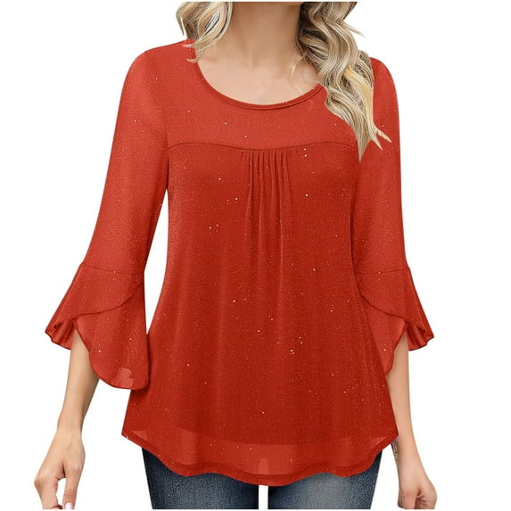fatyb Women's Dressy Shirts Ruffle 3/4 Sleeve Mesh Tunic Tops Double Layers Elegant Loose Flowy Blouses