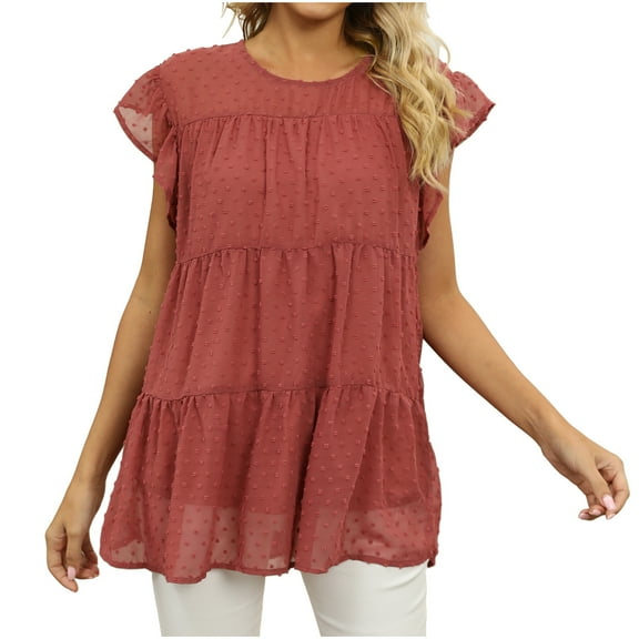 fatyb Women's Dressy Tops Poms Ruffle Short Sleeve Crewneck Flowy Blouses Layered Loose Elegant Shirts