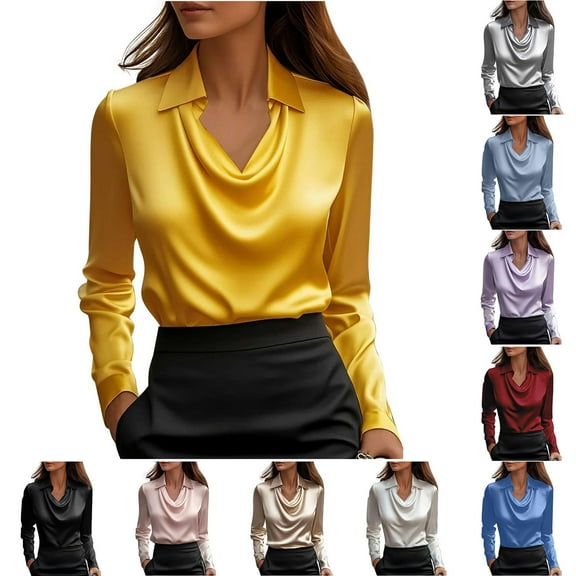 fatyb Women's Elegant Satin Blouses with Collar Long Sleeve Dressy Work Business Office Shirts for Ladies