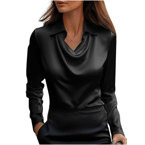 fatyb Women's Elegant Satin Blouses with Collar Long Sleeve Dressy Work Business Office Shirts for Ladies