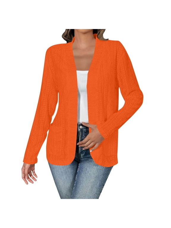 Women's Eyelet Cardigan Long Sleeve Casual Open Front Womens Lightweight Outerwear with Pockets