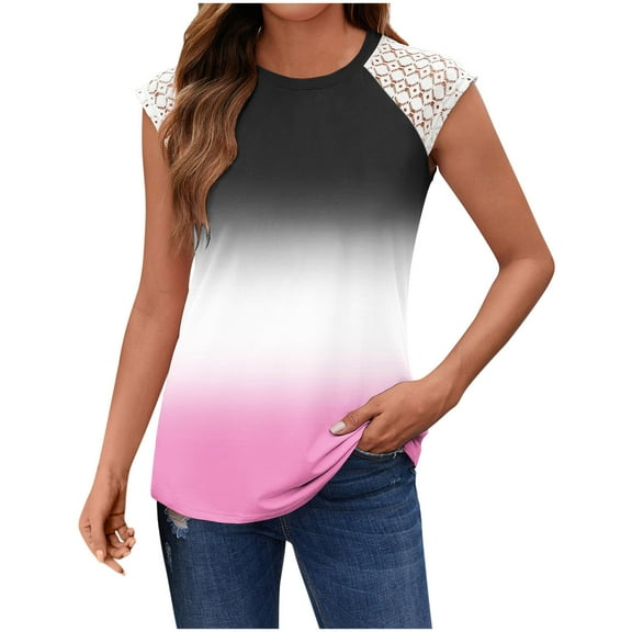 fatyb Women's Fashion Tank Tops Printed Lace Sleeveless Casual Tee Crewneck Tunic Summer Loose Blouses