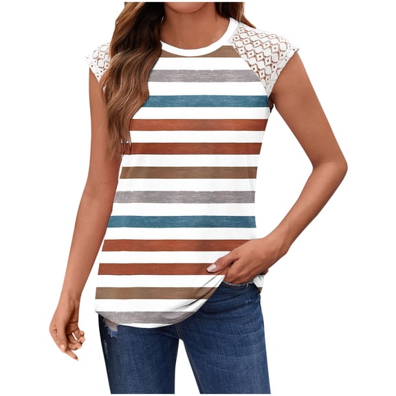 fatyb Women's Fashion Tank Tops Printed Lace Sleeveless Casual Tee Crewneck Tunic Summer Loose Blouses