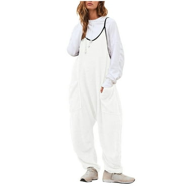 fatyb Women's Fleece Jumpsuits Spaghetti Strap Fuzzy Overalls Sleeveless Baggy One-Piece with Pockets