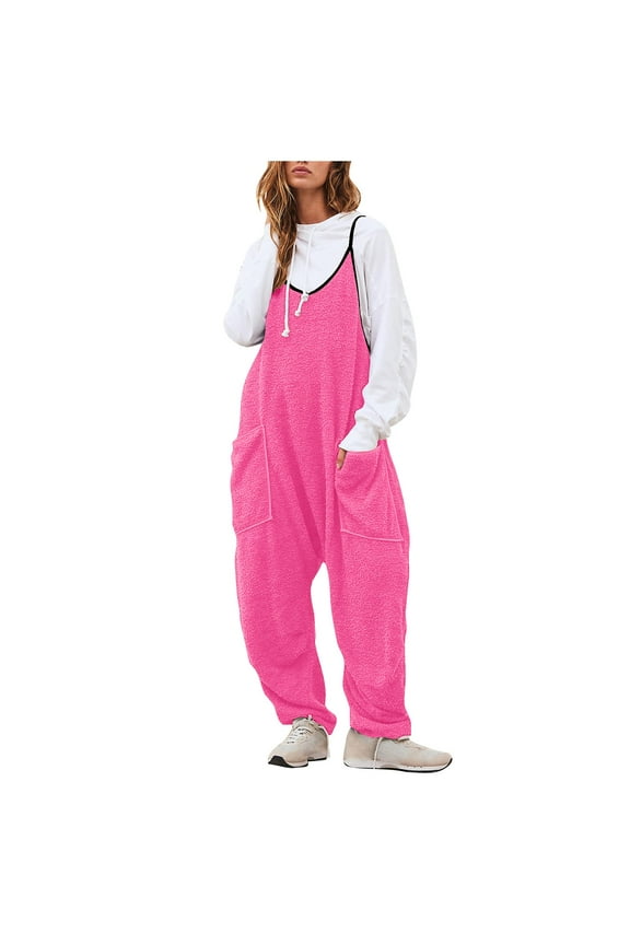 Women's Fleece Jumpsuits Spaghetti Strap Fuzzy Overalls Sleeveless Baggy One-Piece with Pockets