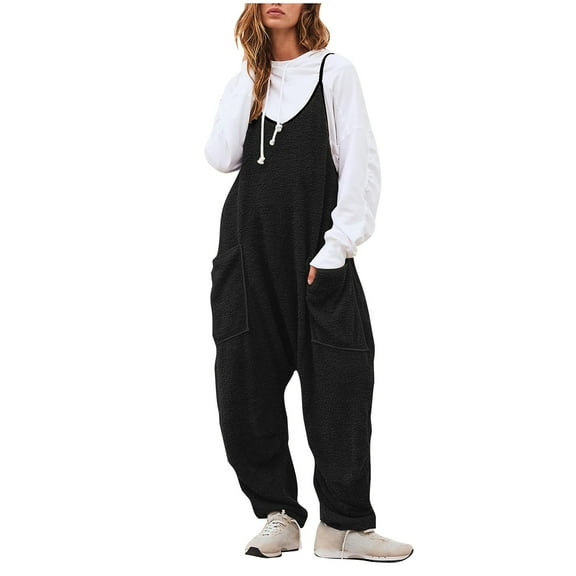 fatyb Women's Fleece Jumpsuits Spaghetti Strap Fuzzy Overalls Sleeveless Baggy One-Piece with Pockets