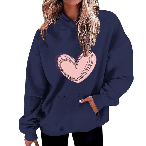 fatyb Women's Heart Printed Hoodies Drawstring Long Sleeve Sweatshirts Loose Pullover Tops with Pockets