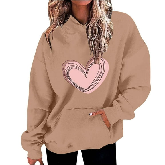 fatyb Women's Heart Printed Hoodies Drawstring Long Sleeve Sweatshirts Loose Pullover Tops with Pockets