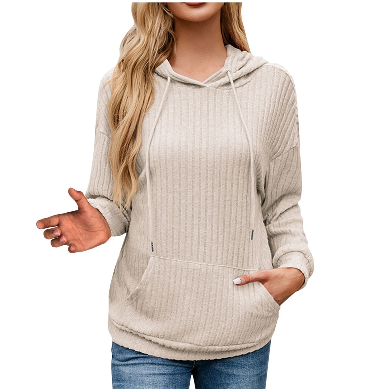 Biucly Women's Striped Hoodie - Lightweight Loose Fit, Drawstring Hood, Long Sleeve Pullover, Grey