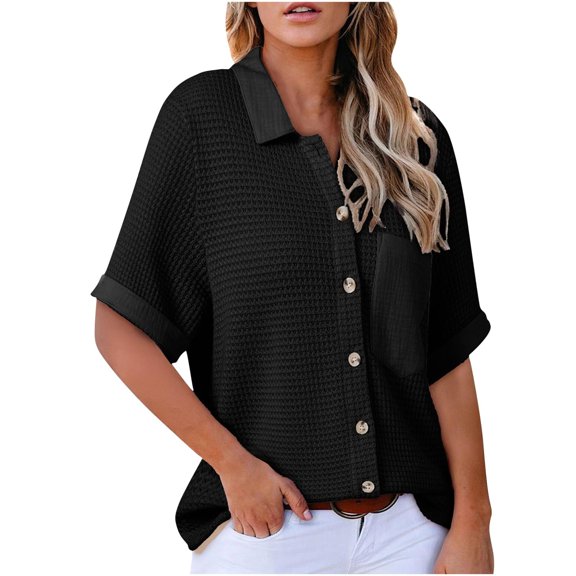 fatyb Women's Knit Button down Shirts Collared Short Sleeve Casual Tops Loose Summer Blouses with Pockets