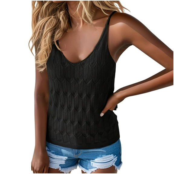 fatyb Women's Knit Tank Tops V Neck Spaghetti Strap Camisole Sleeveless Loose Casual Crochet Tshirts