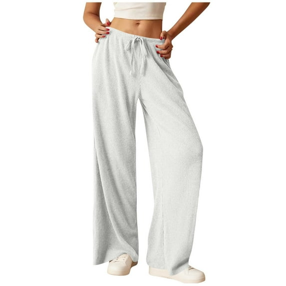 fatyb Women's Knitted Pants Wide Leg Lounge Pants with Pockets Womens Casual Drawstring Loose Trousers