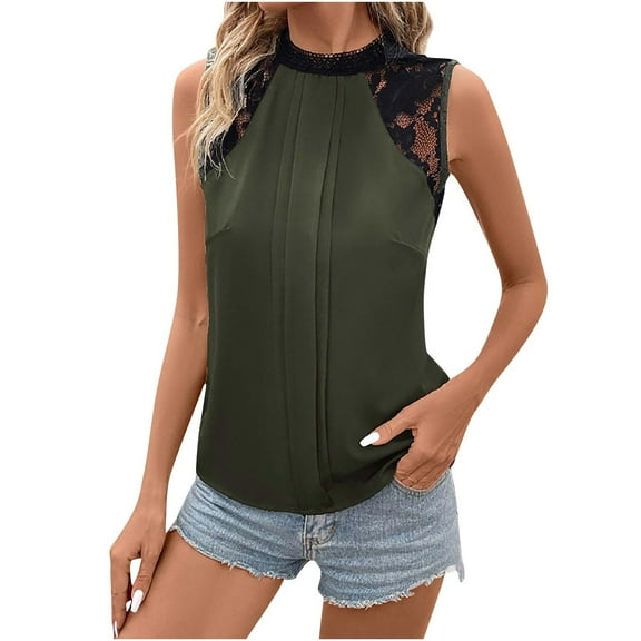 fatyb Women's Lace Mock Neck Sleeveless Tops Patchwork Elegant Tank Top Pleated Dressy Trendy Shirts