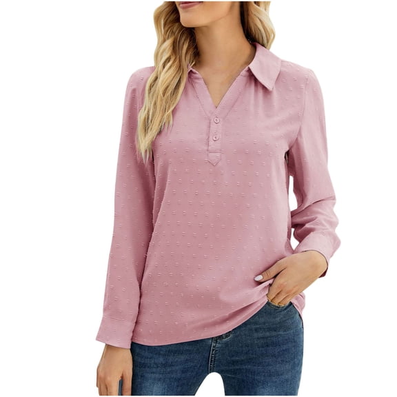 fatyb Women's Long Sleeve Blouses Casual Button V Neck Tunic Tops Summer Loose Dressy Shirts with Collar