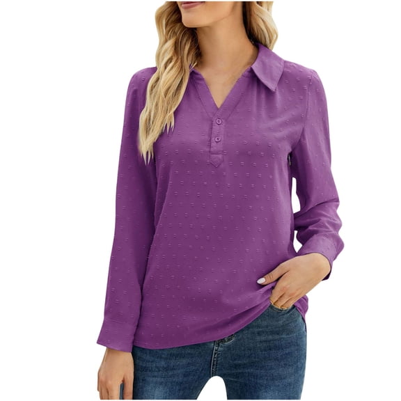 fatyb Women's Long Sleeve Blouses Casual Button V Neck Tunic Tops Summer Loose Dressy Shirts with Collar