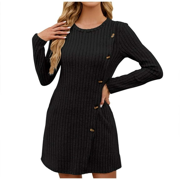 fatyb Women's Long Sleeve Crewneck Knitted Mini Dress Fall Winter Casual Sweater A-Line Dresses with Pockets