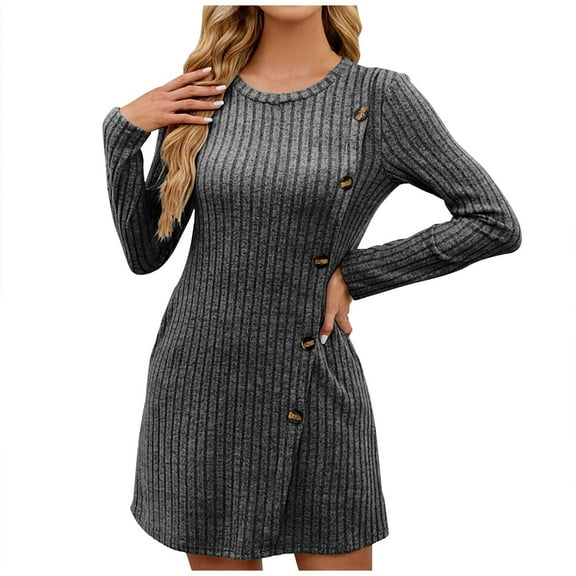 fatyb Women's Long Sleeve Crewneck Knitted Mini Dress Fall Winter Casual Sweater A-Line Dresses with Pockets