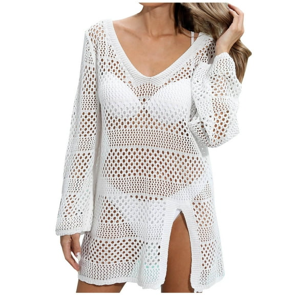 fatyb Women's Long Sleeve Crochet Coverup Hollow out Beach Cover up V Neck Bikini Beach Dress Swimwear