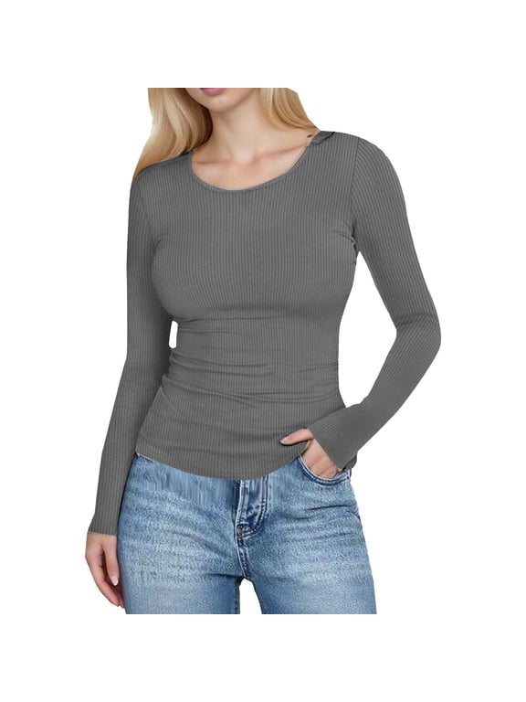 Women's Long Sleeve Ribbed Tops Casual Knit Basic Tee Crew Neck Lightweight T-Shirts for Going Out