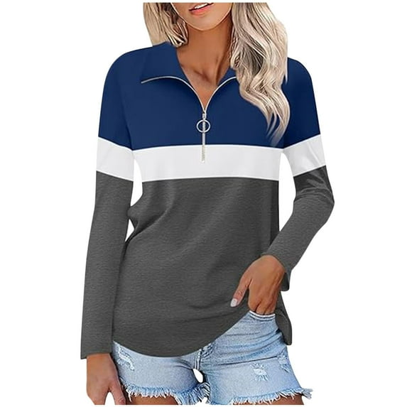 fatyb Women's Long Sleeve Shirts Color Block Quarter Zip Casual Tops Collar Pullover Blouses for Women