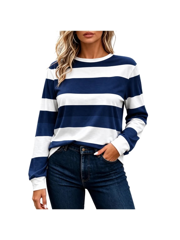 Women's Long Sleeve Striped T-Shirts Casual Crewneck Basic Tops Color Block Womens Tee Blouses