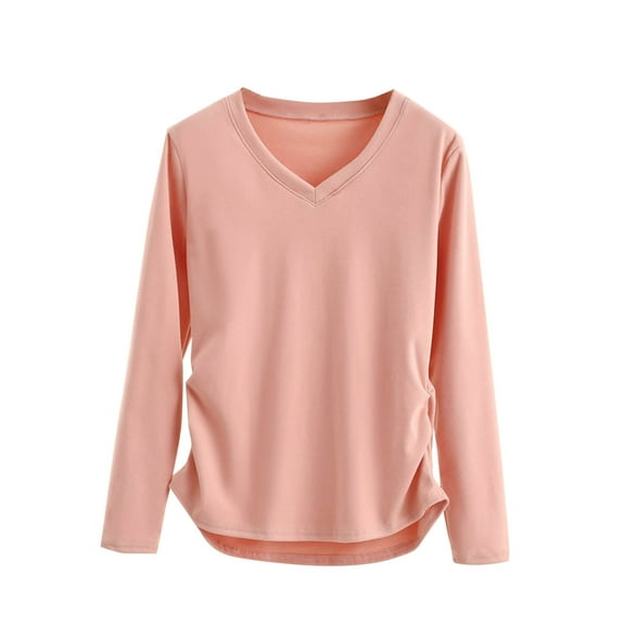 fatyb Women's Long Sleeve Tops Casual V Neck Cotton Shirts Solid Color Comfortable Blouses for Women