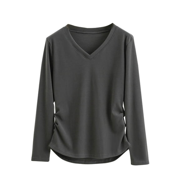 fatyb Women's Long Sleeve Tops Casual V Neck Cotton Shirts Solid Color Comfortable Blouses for Women