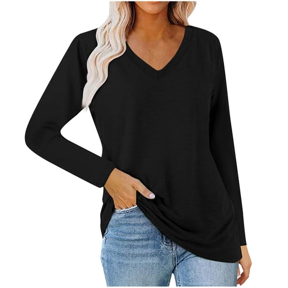 fatyb Women's Long Sleeve V Neck Shirts Casual Tshirts Loose Tees Tops for Women Solid Color Blouses