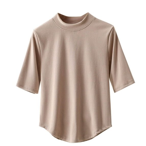 fatyb Women's Mock Neck Cotton Shirts Half Sleeve Casual Blouses Solid Color Soft Tees Tops for Summer