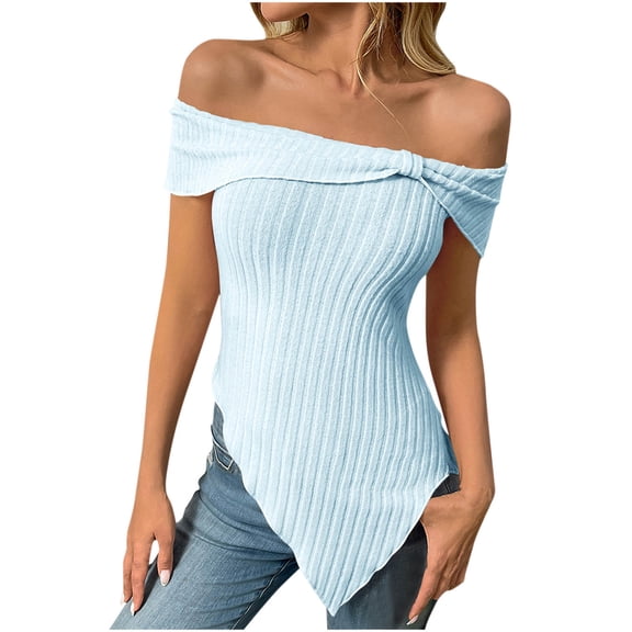 fatyb Women's One Shoulder Knitted Tops Irregular Hem Slim Shirts Dressy Pullover Summer Blouse Tunic