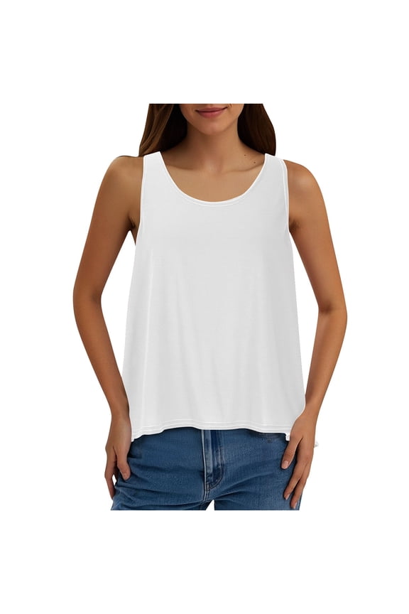 Women's Open Back Tank Tops Crewneck Casual Loose Shirts Sleeveless Solid Color Summer Blouses
