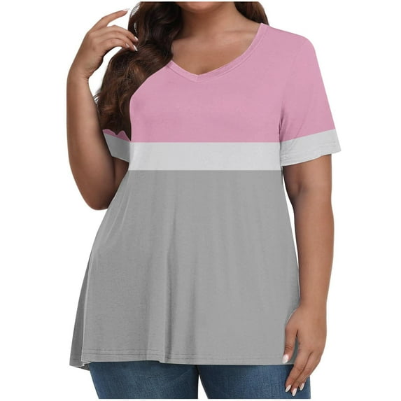 fatyb Women's Plus Size Blouses V Neck Color Block Loose Tshirts Casual Short Sleeve Summer Tee Tops