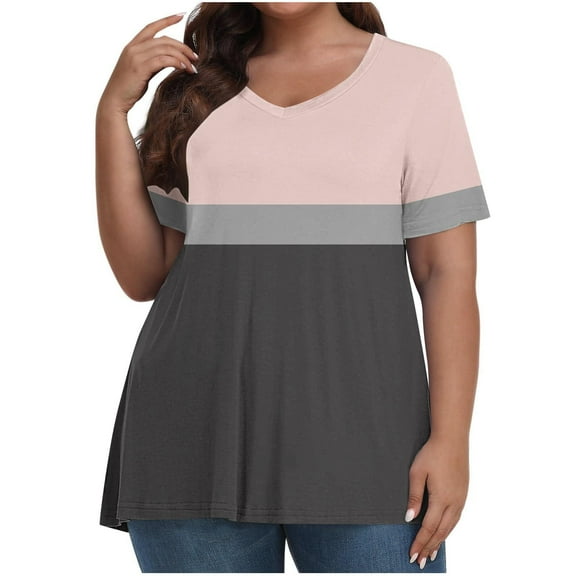 fatyb Women's Plus Size Blouses V Neck Color Block Loose Tshirts Casual Short Sleeve Summer Tee Tops