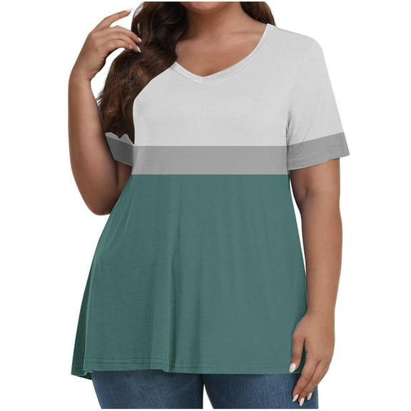 fatyb Women's Plus Size Blouses V Neck Color Block Loose Tshirts Casual Short Sleeve Summer Tee Tops