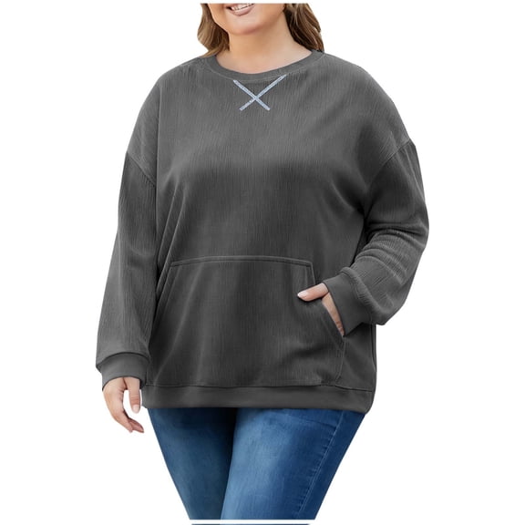 fatyb Women's Plus Size Corduroy Sweatshirts Crewneck Long Sleeve Casual Loose Pullover Tops with Pocket