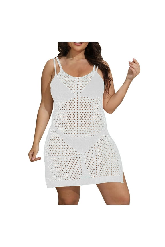 Women's Plus Size Cover up Swimsuit Hollow out Crochet Coverup Sleeveless Short Bikini Tank Dress