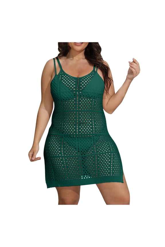 Women's Plus Size Cover up Swimsuit Hollow out Crochet Coverup Sleeveless Short Bikini Tank Dress