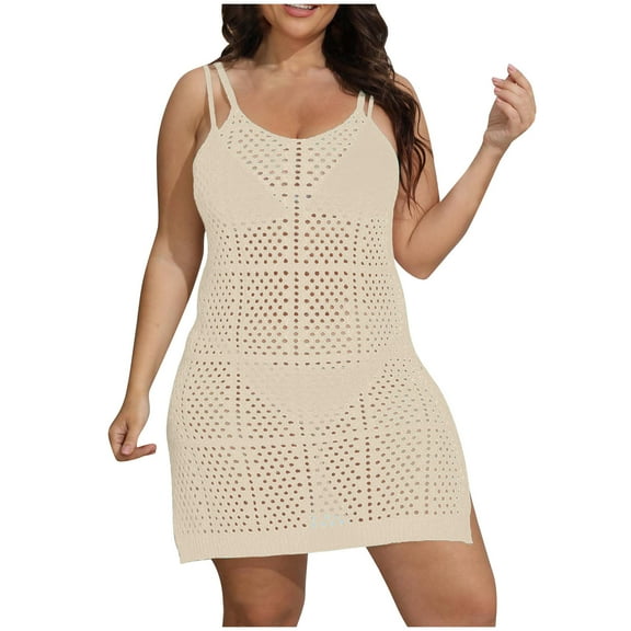 fatyb Women's Plus Size Cover up Swimsuit Hollow out Crochet Coverup Sleeveless Short Bikini Tank Dress