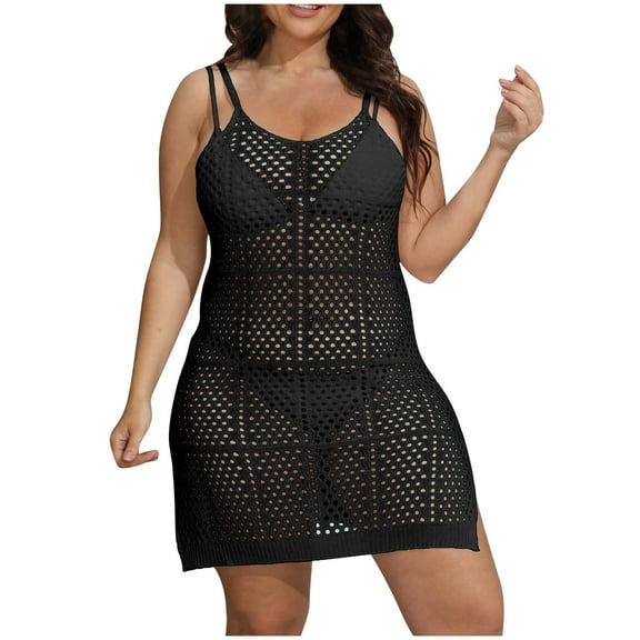 fatyb Women's Plus Size Cover up Swimsuit Hollow out Crochet Coverup Sleeveless Short Bikini Tank Dress