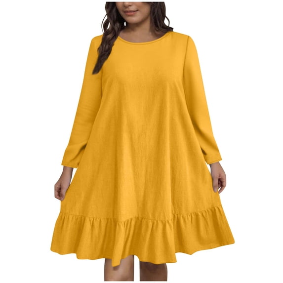 fatyb Women's Plus Size Dresses Long Sleeve Crew Neck Casual Dresses Womens Ruffle A-Line Flowy Dresses