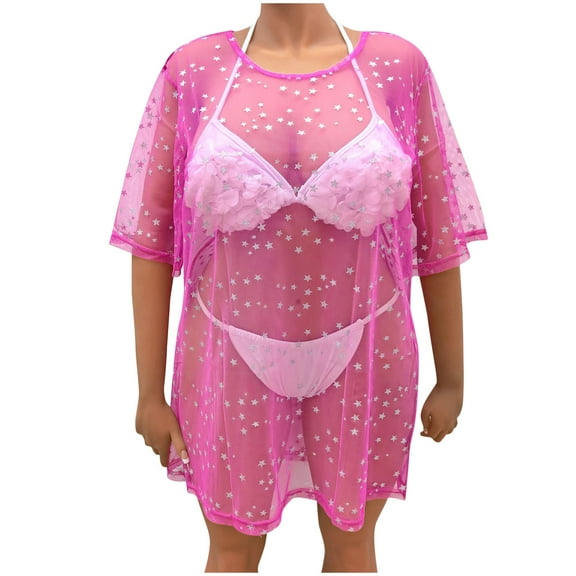fatyb Women's Plus Size Mesh Swimsuit Coverup Short Sleeve Bikini Cover up See Through Mini Beach Dress