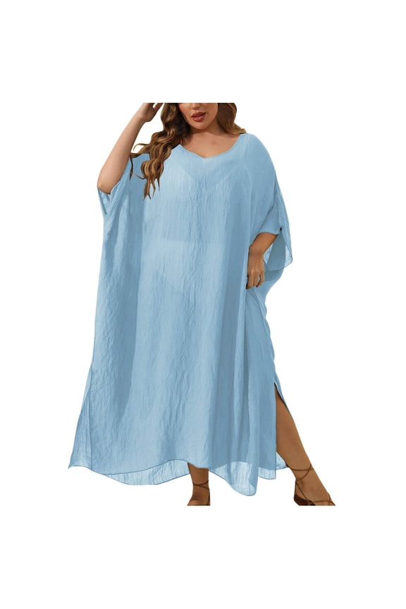 Women's Plus Size Swimsuit Coverups Flowy Long Beach Dresses Solid Color Bathing Suit Cover Up