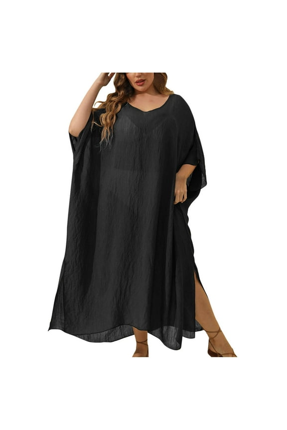 Women's Plus Size Swimsuit Coverups Flowy Long Beach Dresses Solid Color Bathing Suit Cover Up