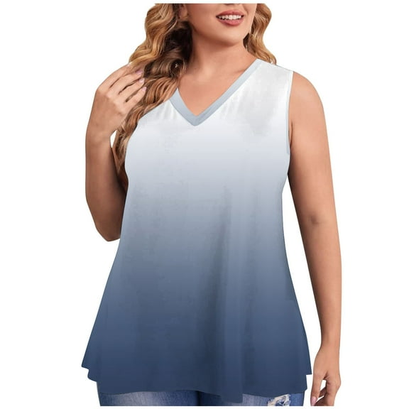 fatyb Women's Plus Size Tank Tops V Neck Flowy Tunic Shirts Sleeveless Gradient Color Loose Blouses
