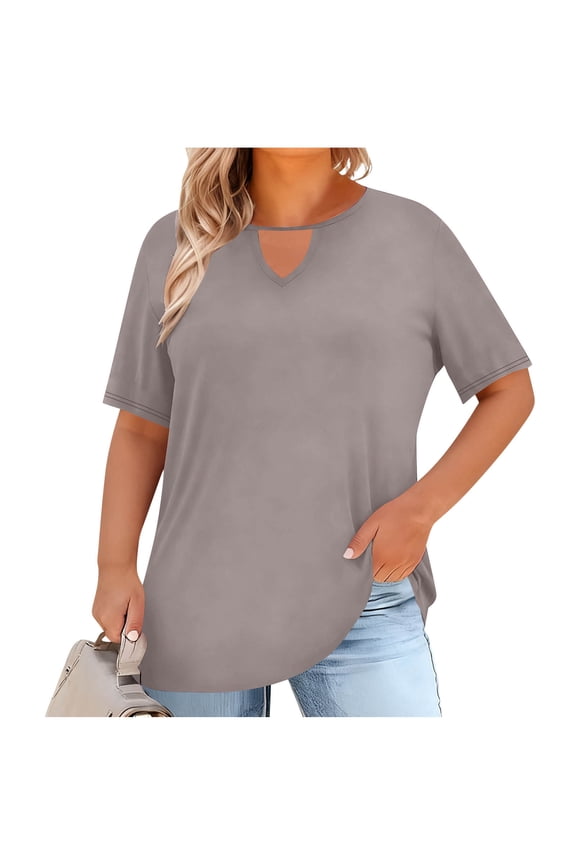 Women's Plus Size Tops Cut out V Neck Short Sleeve T Shirts Short Sleeve Casual Plain Tee Tops