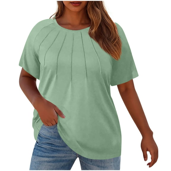 fatyb Women's Plus Size Tops Short Sleeve Crew Neck Pleated T-Shirts Womens Summer Plain Loose Blouses
